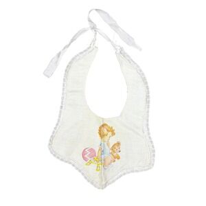 Vintage Antique Baby Bib Embroidered Child Playing with Teddy Bear Lace Trim